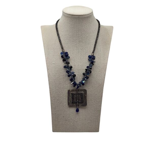 Chico’s Blue Beaded Statement Necklace Silver Tone Square Pendant - Picture 8 of 8